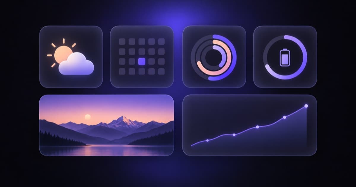 A grid of iPhone Home Screen widget tiles: weather, calendar, activity rings, battery and a photo