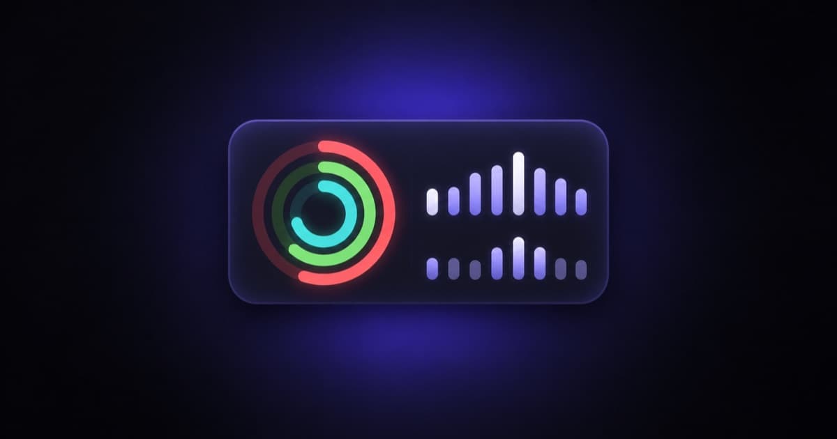 An iPhone widget tile showing activity rings, a step count and a sleep bar
