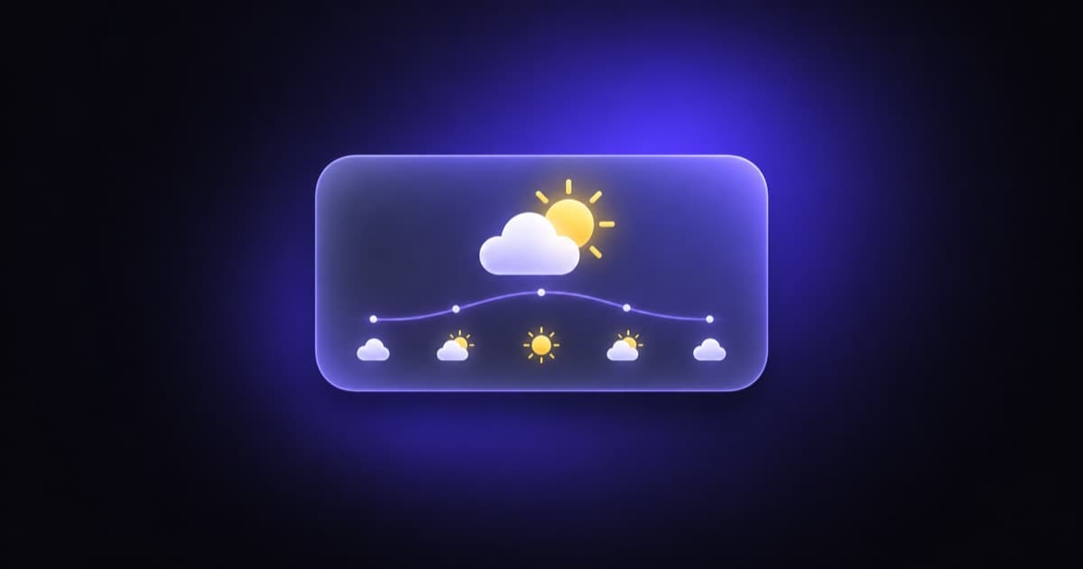 An iPhone widget tile with a sun-behind-cloud icon, a row of hourly forecast icons and a temperature curve
