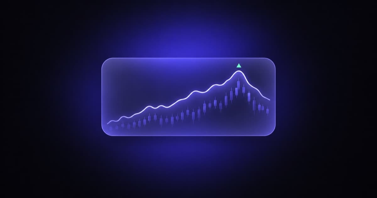 An iPhone widget tile with a rising stock line chart and a small up-arrow marker
