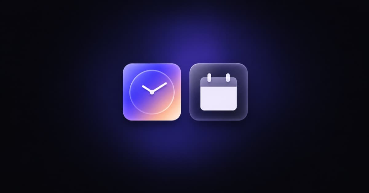Two iPhone widget tiles side by side: a pastel gradient clock tile and a dark glass calendar tile