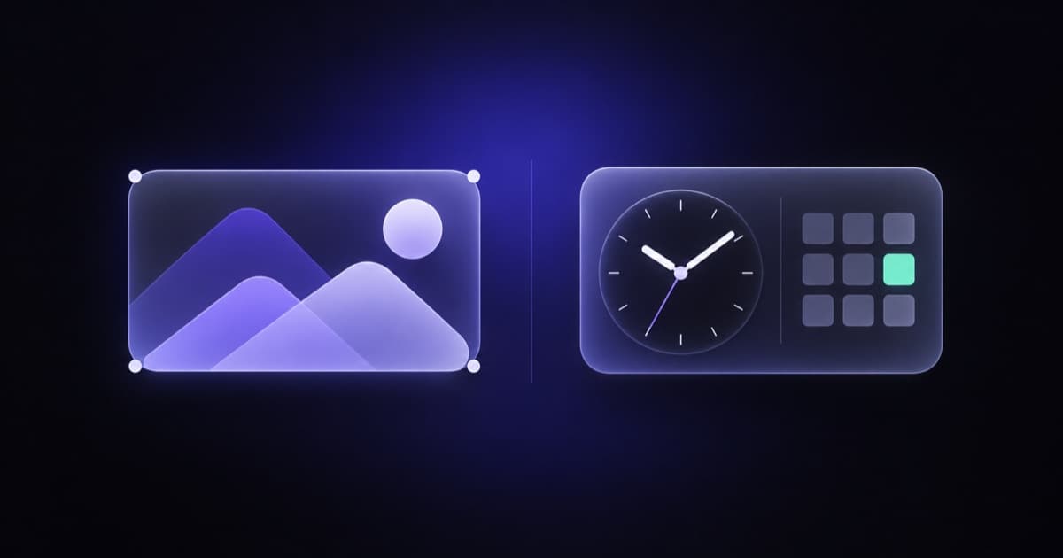 Two iPhone widget tiles facing each other: one built from editable layers, one a clean preset clock