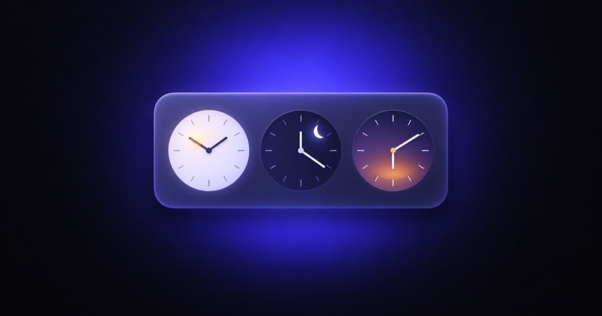 An iPhone widget tile with three small analog clocks showing different time zones