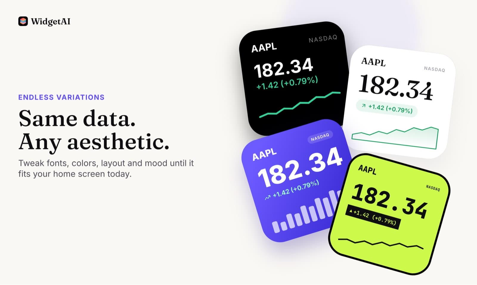 One stock widget restyled four ways: dark, serif, purple and neon