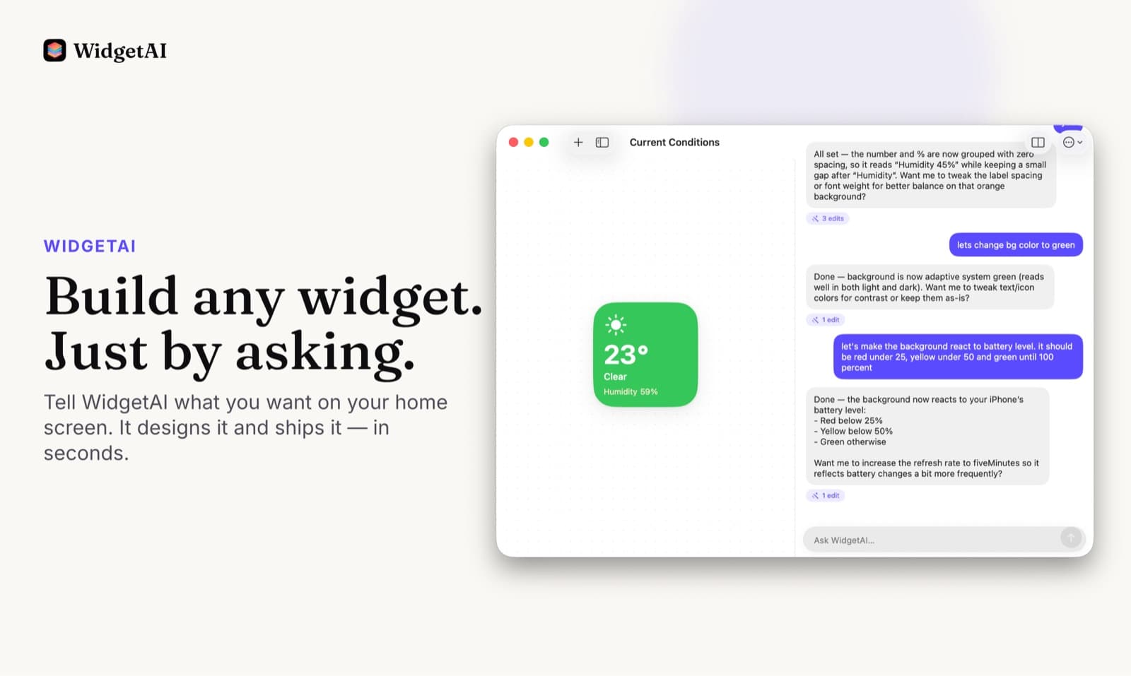 The WidgetAI editor on a Mac: a weather widget on the left and the chat that built it on the right