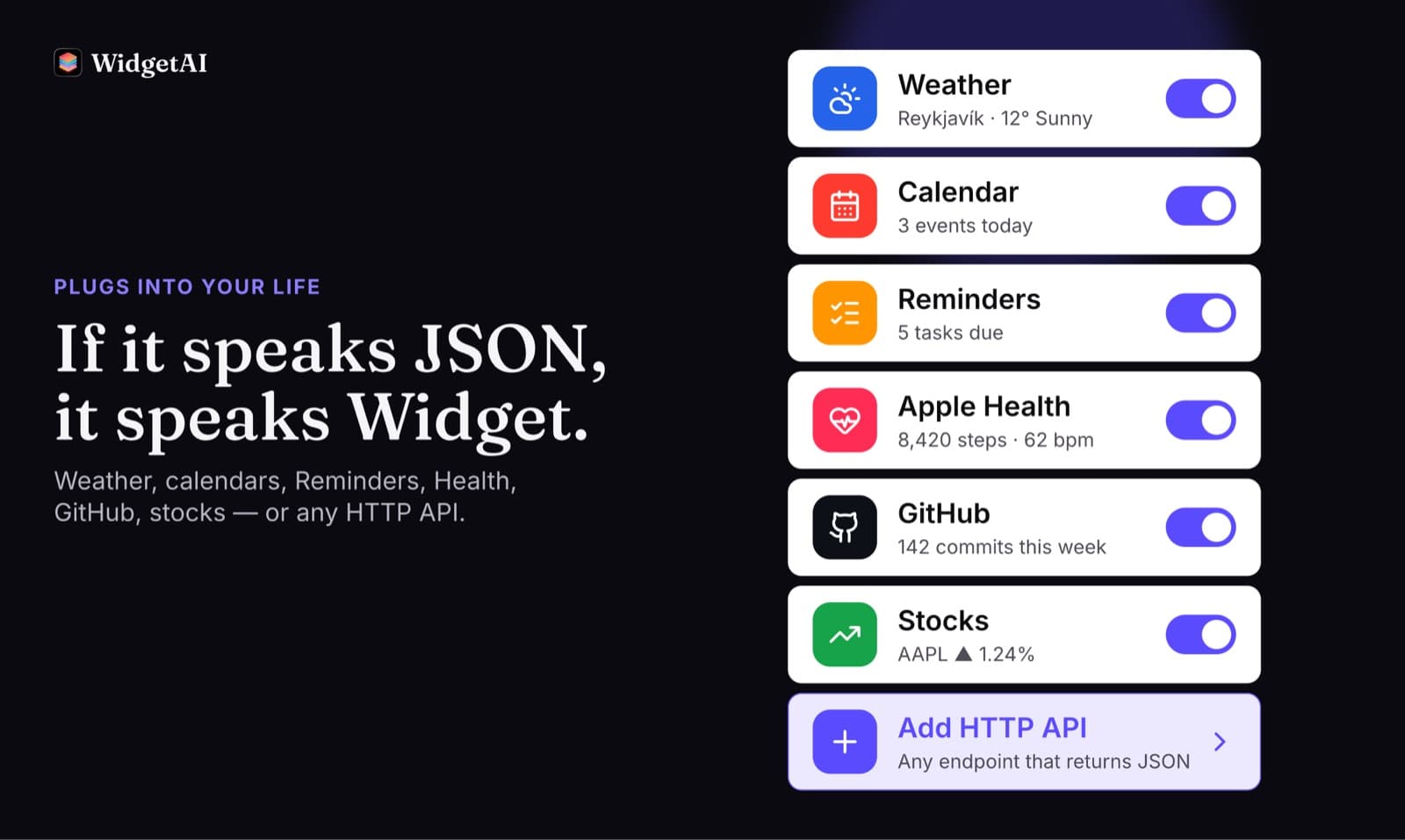 A list of data sources: weather, calendar, reminders, Apple Health, GitHub, stocks and custom HTTP APIs