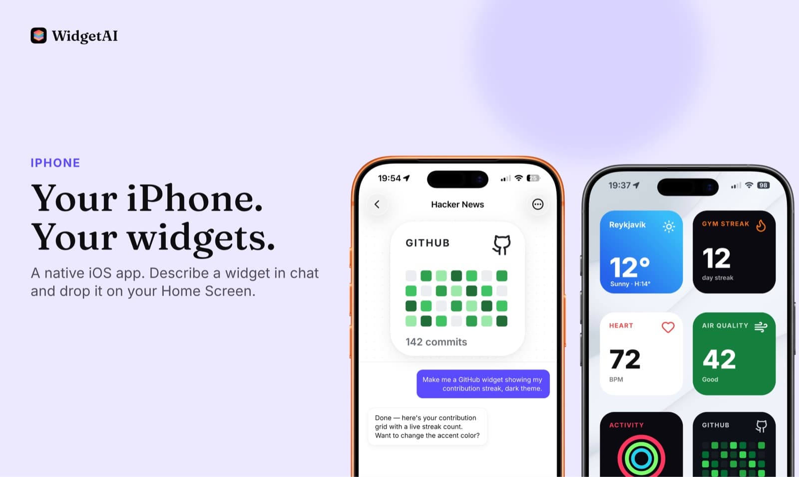 The WidgetAI chat building a GitHub contributions widget, next to a Home Screen of custom widgets