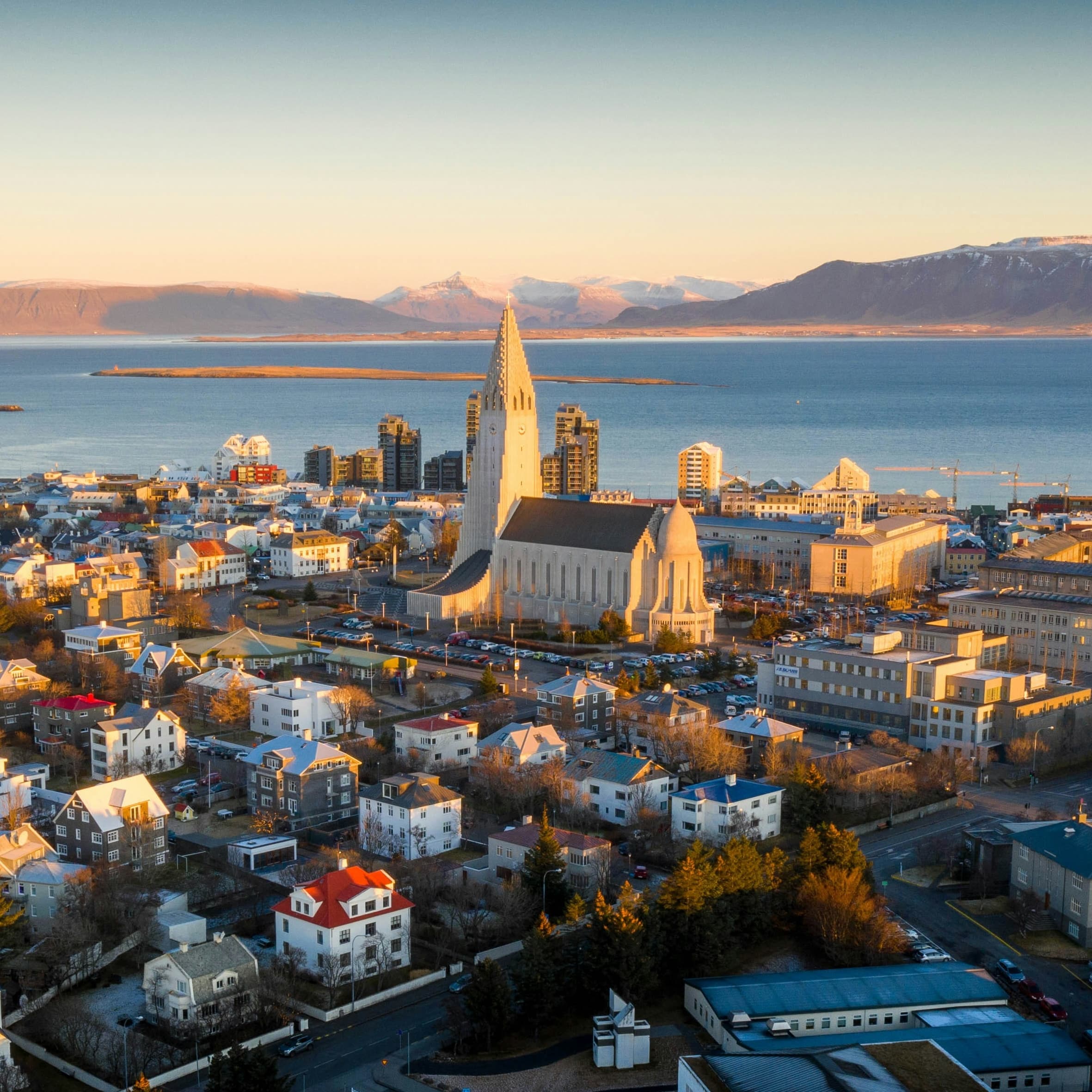 Reykjavík with Hallgrímskirkja at golden hour
